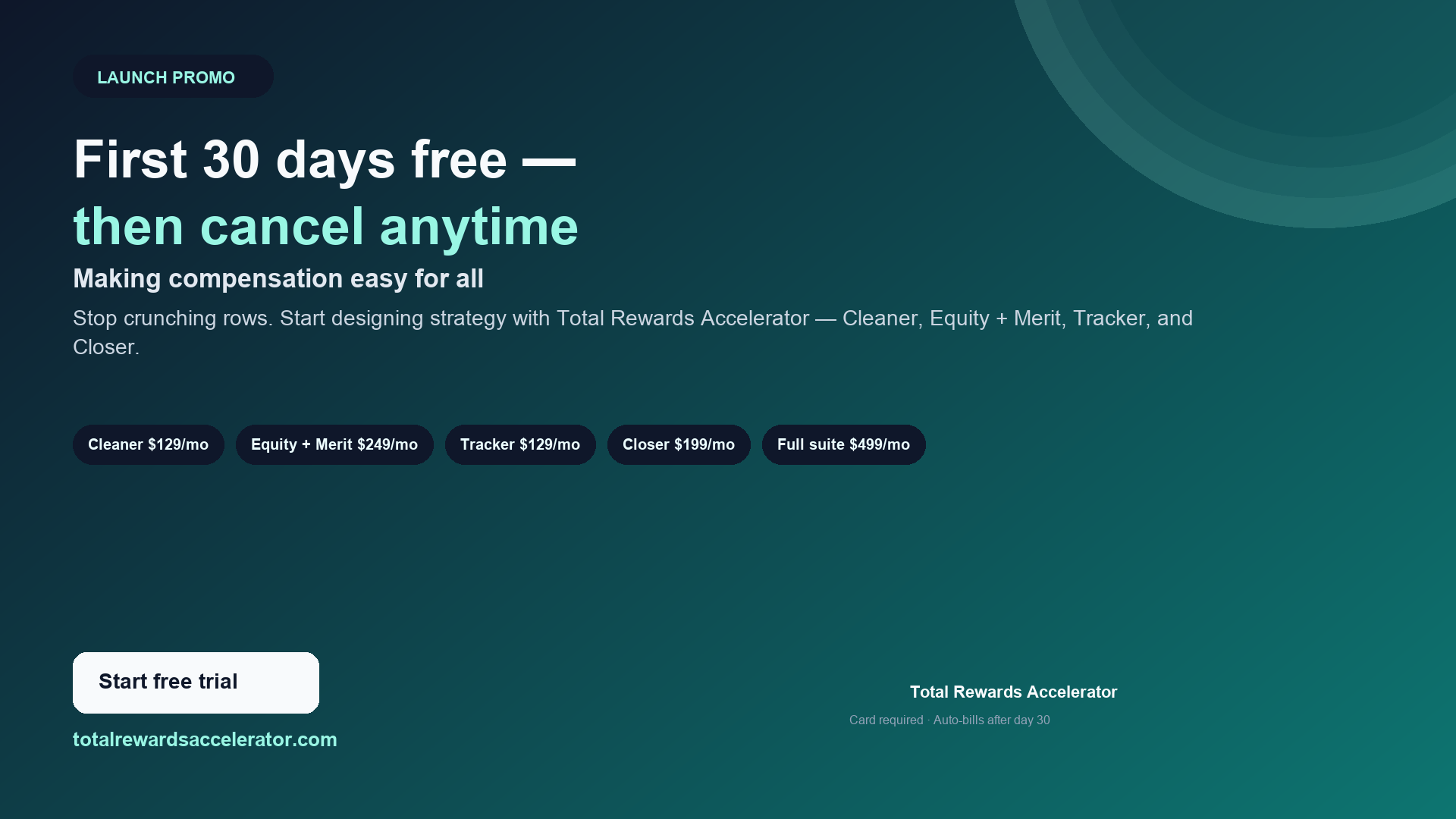 Launch promo: first 30 days free on Total Rewards Accelerator, then cancel anytime. Start free trial at totalrewardsaccelerator.com